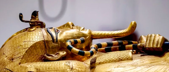 Head of gold Egyptian pharoah sarcophagus 